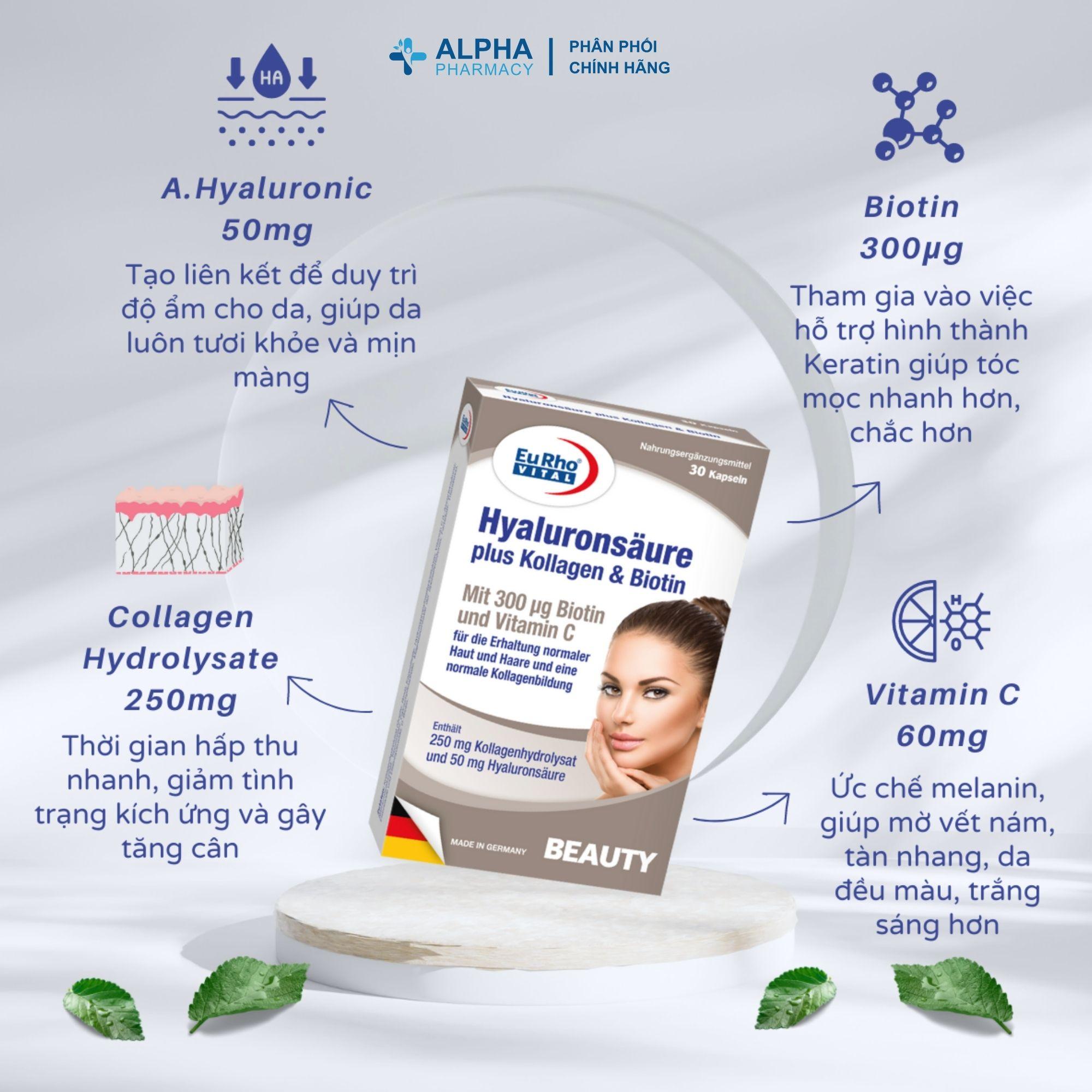 Thực Phẩm Bảo Vệ Sức Khỏe EuRho Vital Hyaluronsäure Plus Kollagen & Biotin Dưỡng Da Căng Mịn, Ngừa Lão Hóa - Image 2