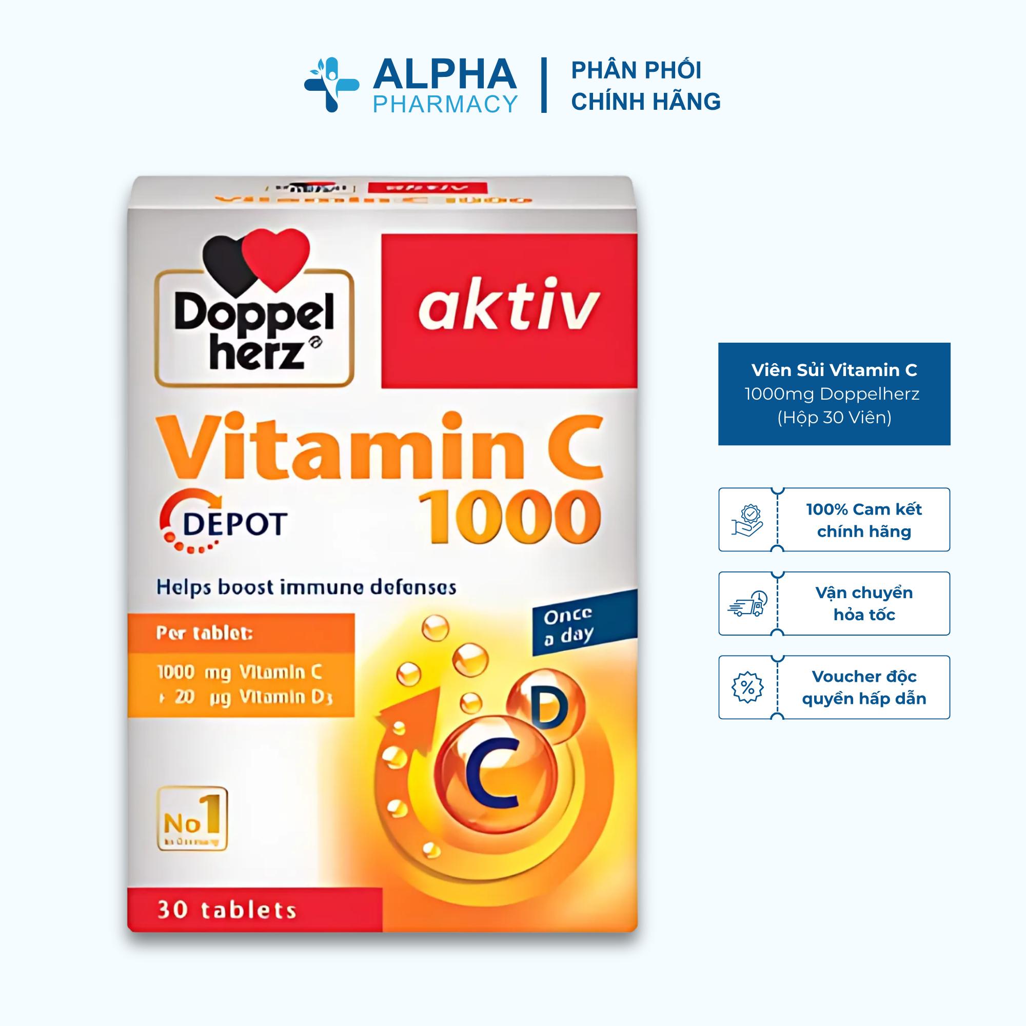 Viên Sủi Vitamin C 1000mg Doppelherz Tăng Sức Đề Kháng, Chống Oxy Hóa – Hộp 30 Viên