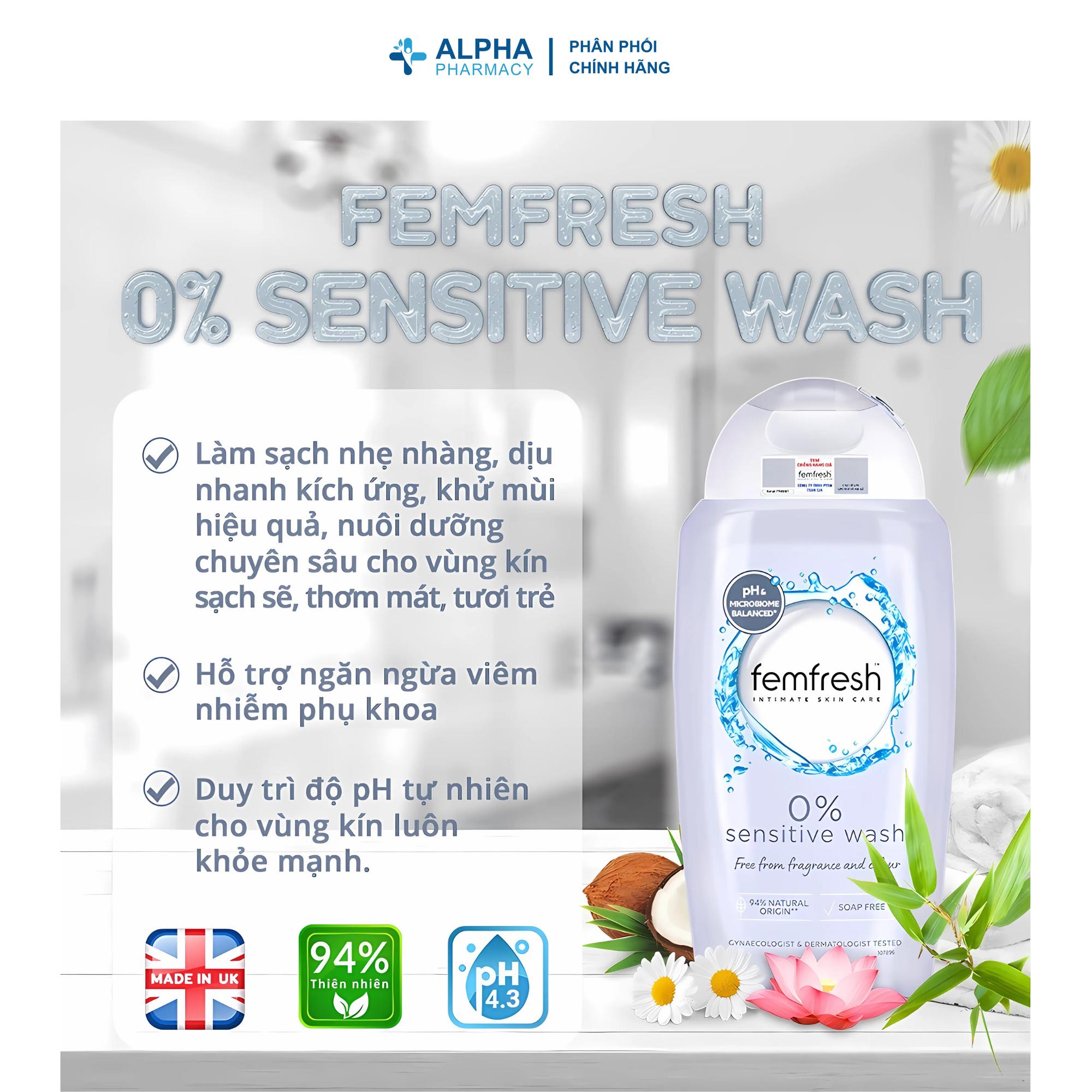 Dung Dịch Vệ Sinh Phụ Nữ Femfresh 0% Sensitive Intimate Wash Cho Da Nhạy Cảm – 250ml - Image 6