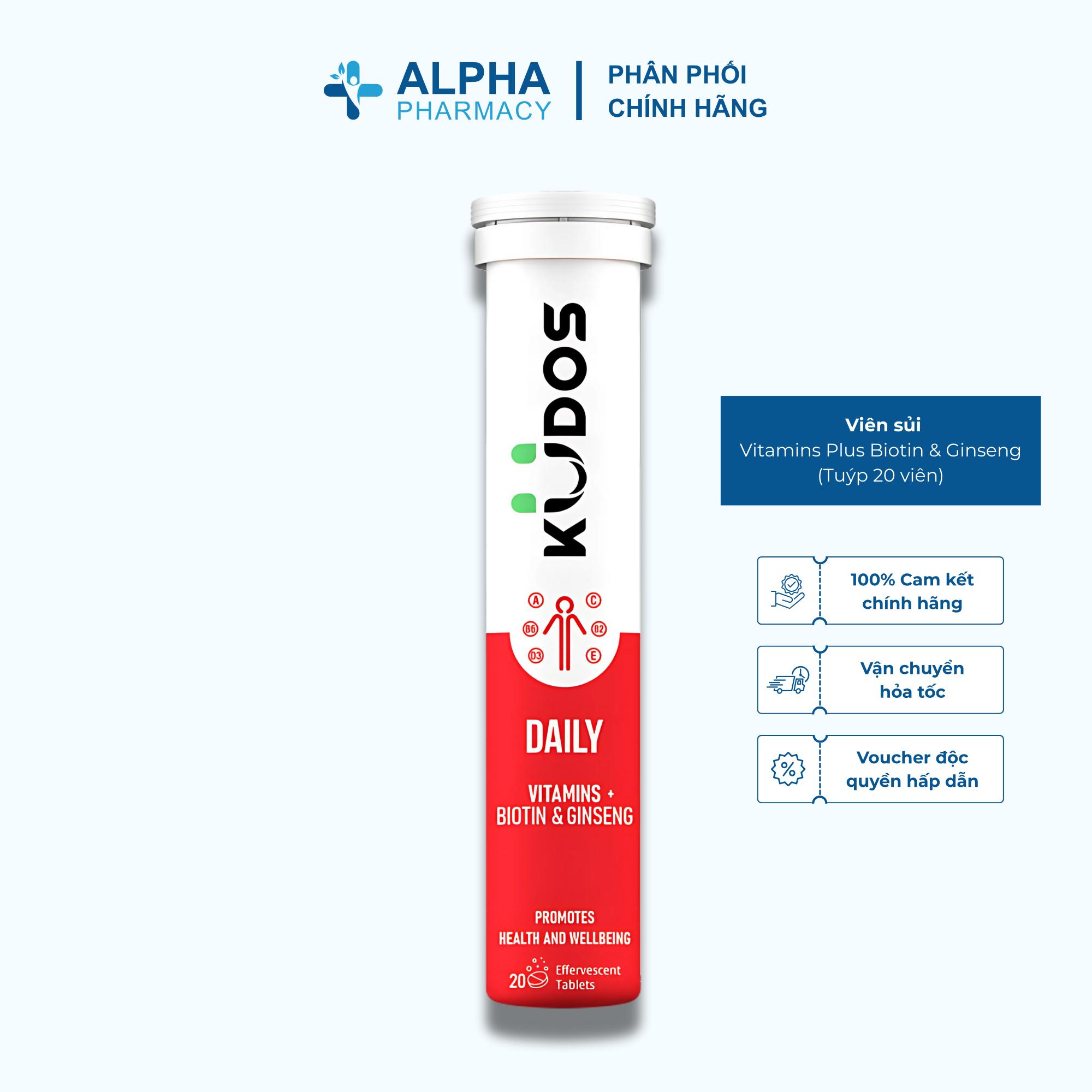 Viên sủi Kudos Daily Vitamins Plus Biotin & Ginseng hương cam giúp bổ sung vitamin cho cơ thể (Tuýp 20 viên)