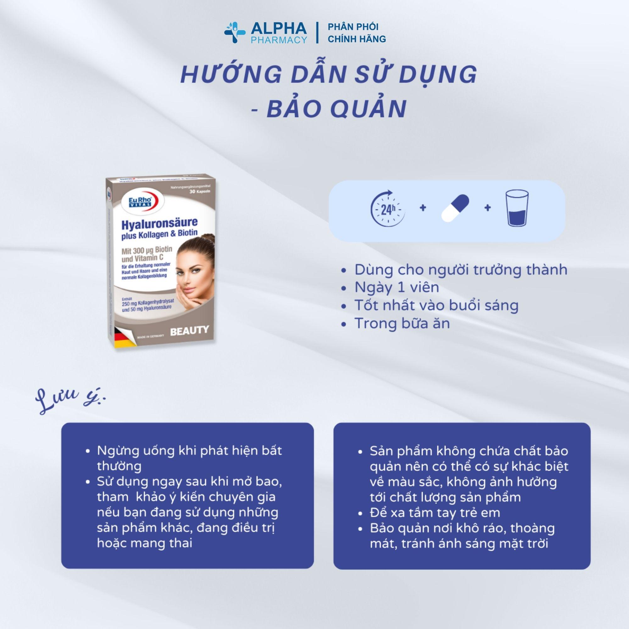 Thực Phẩm Bảo Vệ Sức Khỏe EuRho Vital Hyaluronsäure Plus Kollagen & Biotin Dưỡng Da Căng Mịn, Ngừa Lão Hóa - Image 4