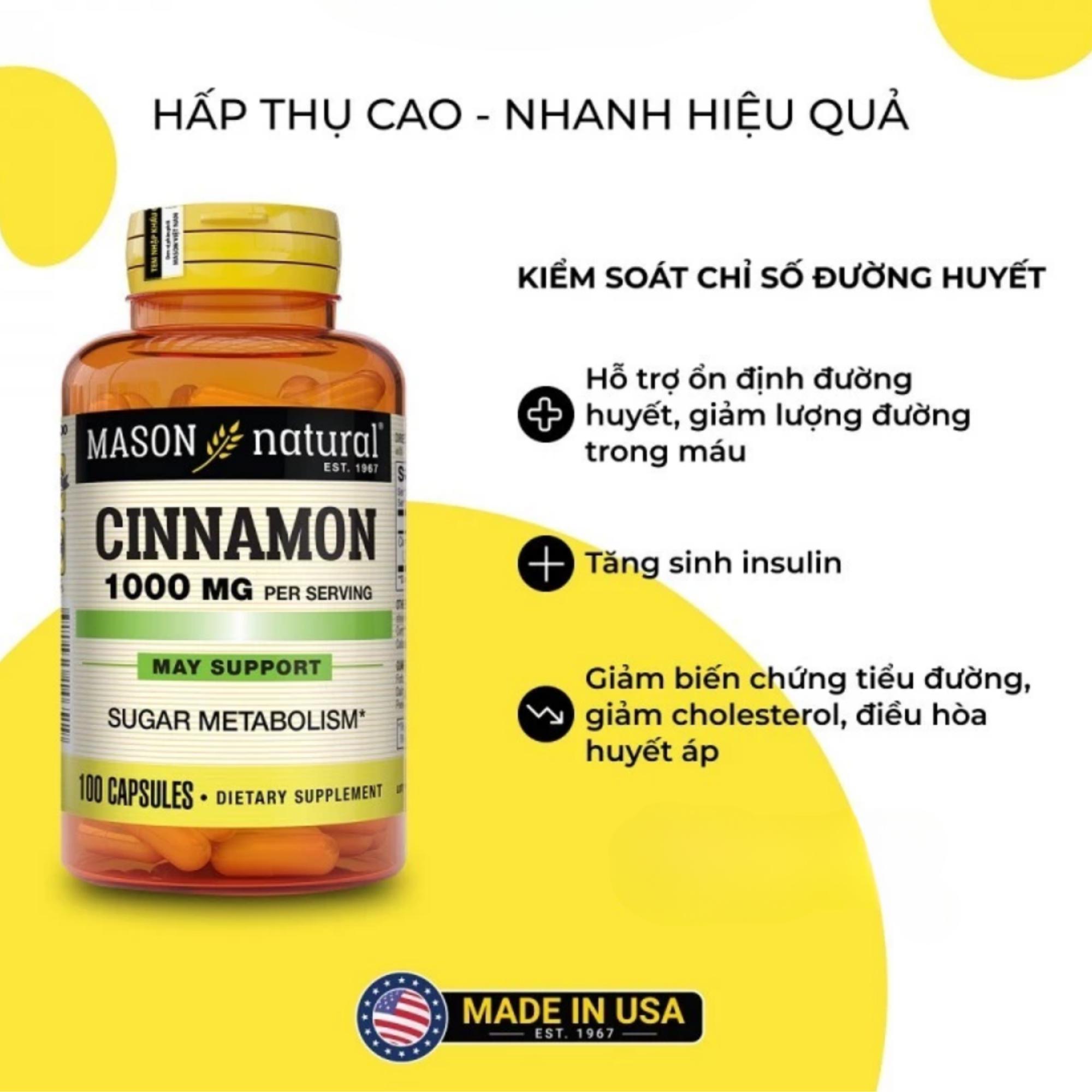 Viên Uống Bổ Sung Mason Natural Cinnamon 1000mg Hỗ Trợ Ổn Định Đường Huyết - Image 2