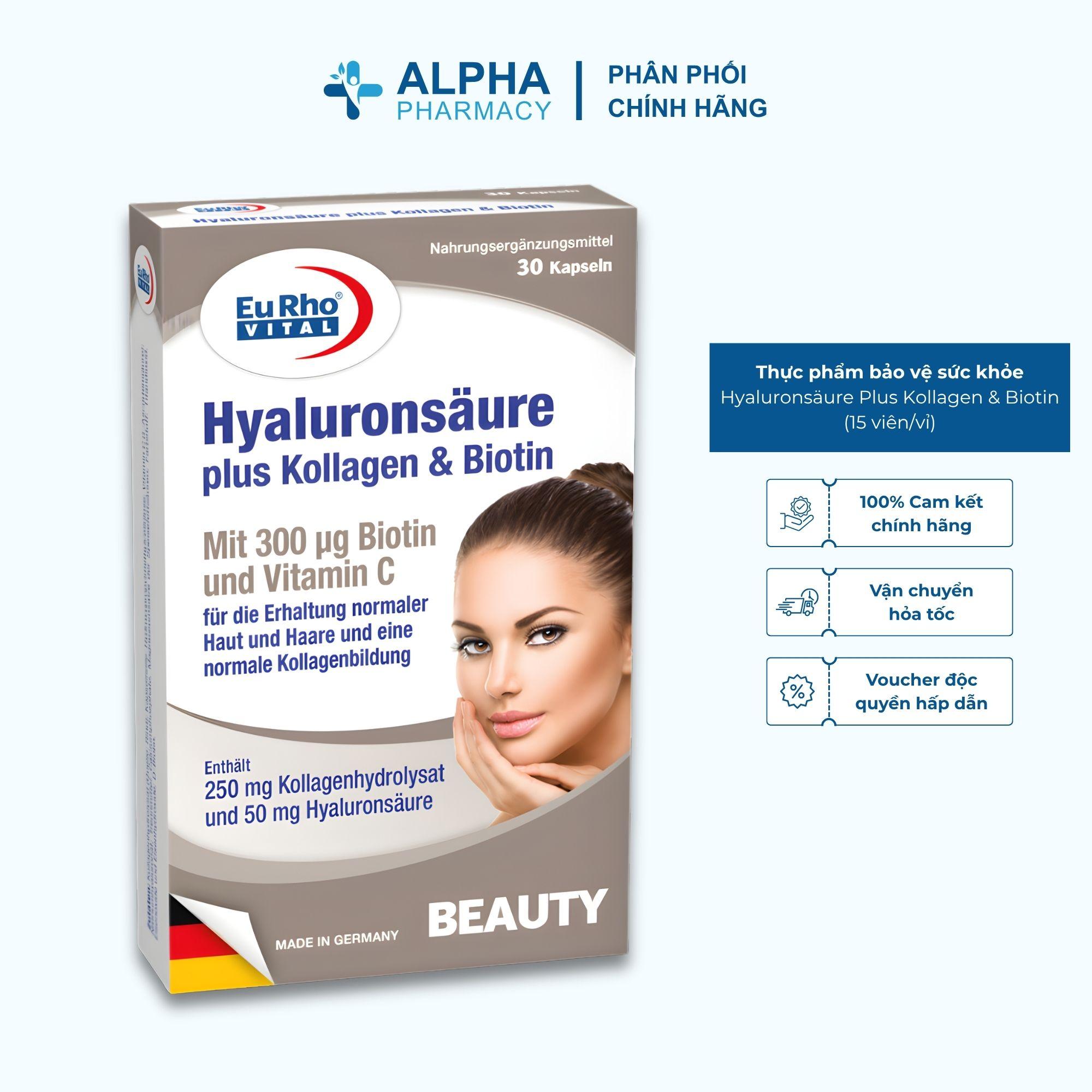 Thực Phẩm Bảo Vệ Sức Khỏe EuRho Vital Hyaluronsäure Plus Kollagen & Biotin Dưỡng Da Căng Mịn, Ngừa Lão Hóa