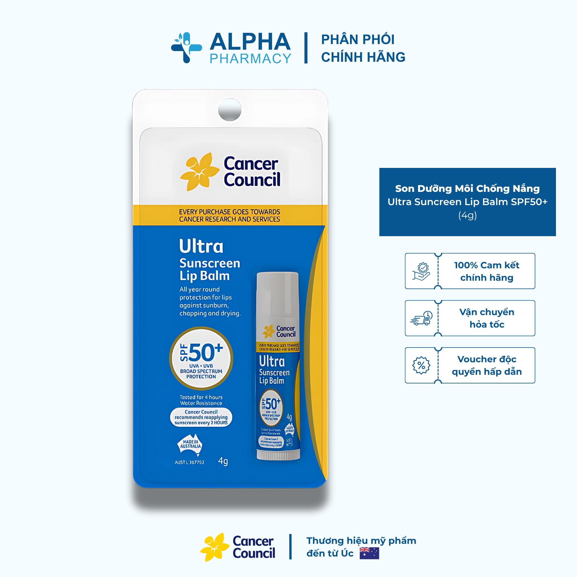 Son Dưỡng Môi Chống Nắng Cancer Council Ultra Suncreen Lip Balm SPF50+ Bảo Vệ & Dưỡng Ẩm Môi Hiệu Quả - 4g