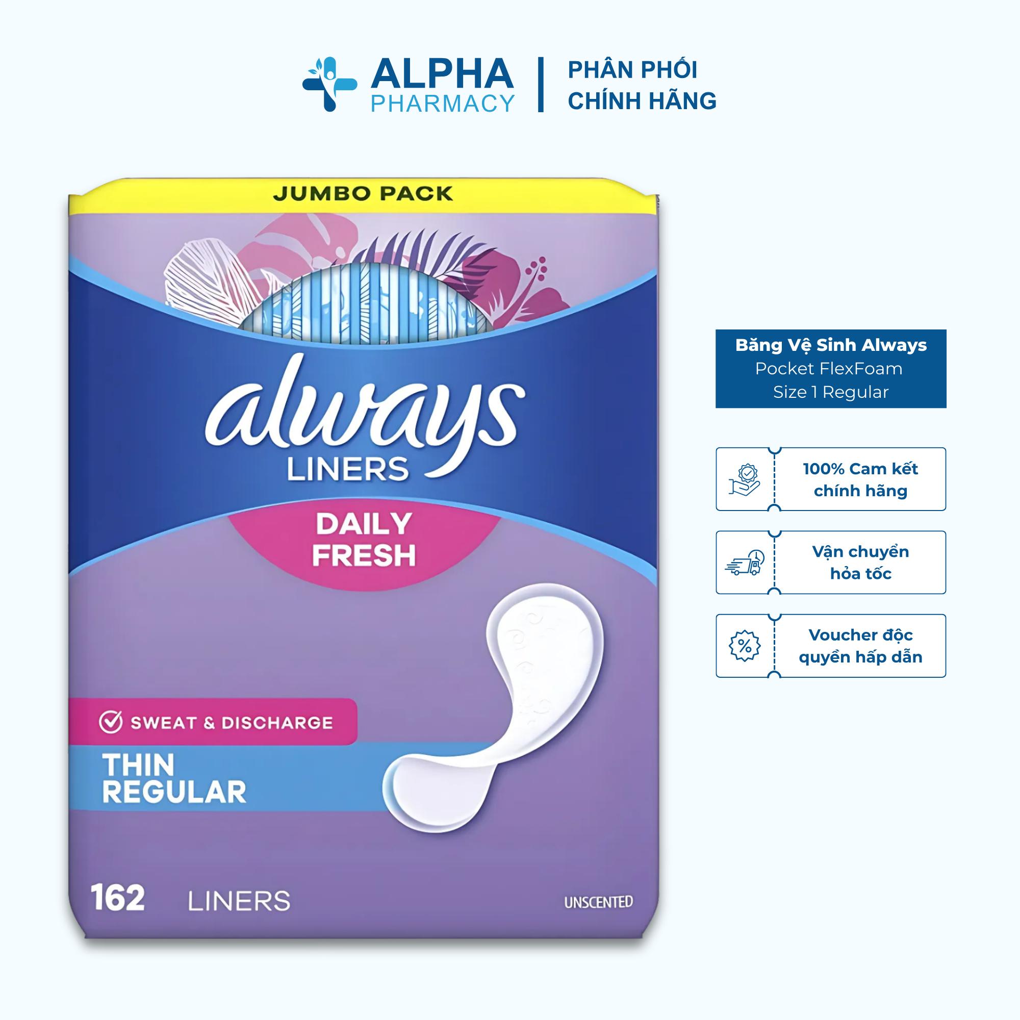 Băng Lót Hằng Ngày Always Daily Fresh Thin Regular Không Mùi – Gói 162 Miếng