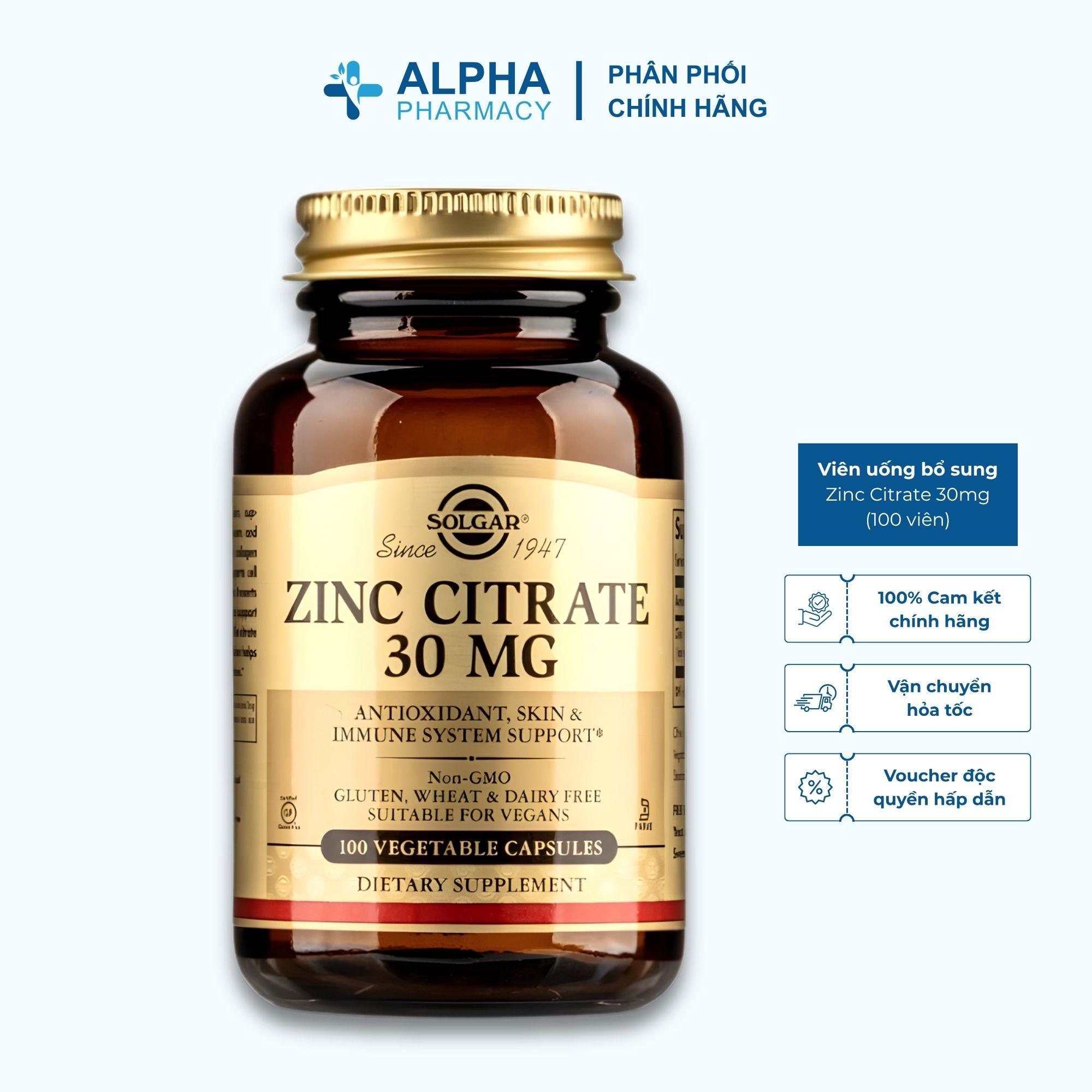Viên Uống Bổ Sung Kẽm Hữu Cơ Solgar Zinc Citrate 30mg Hỗ Trợ Đề Kháng – 100 Viên