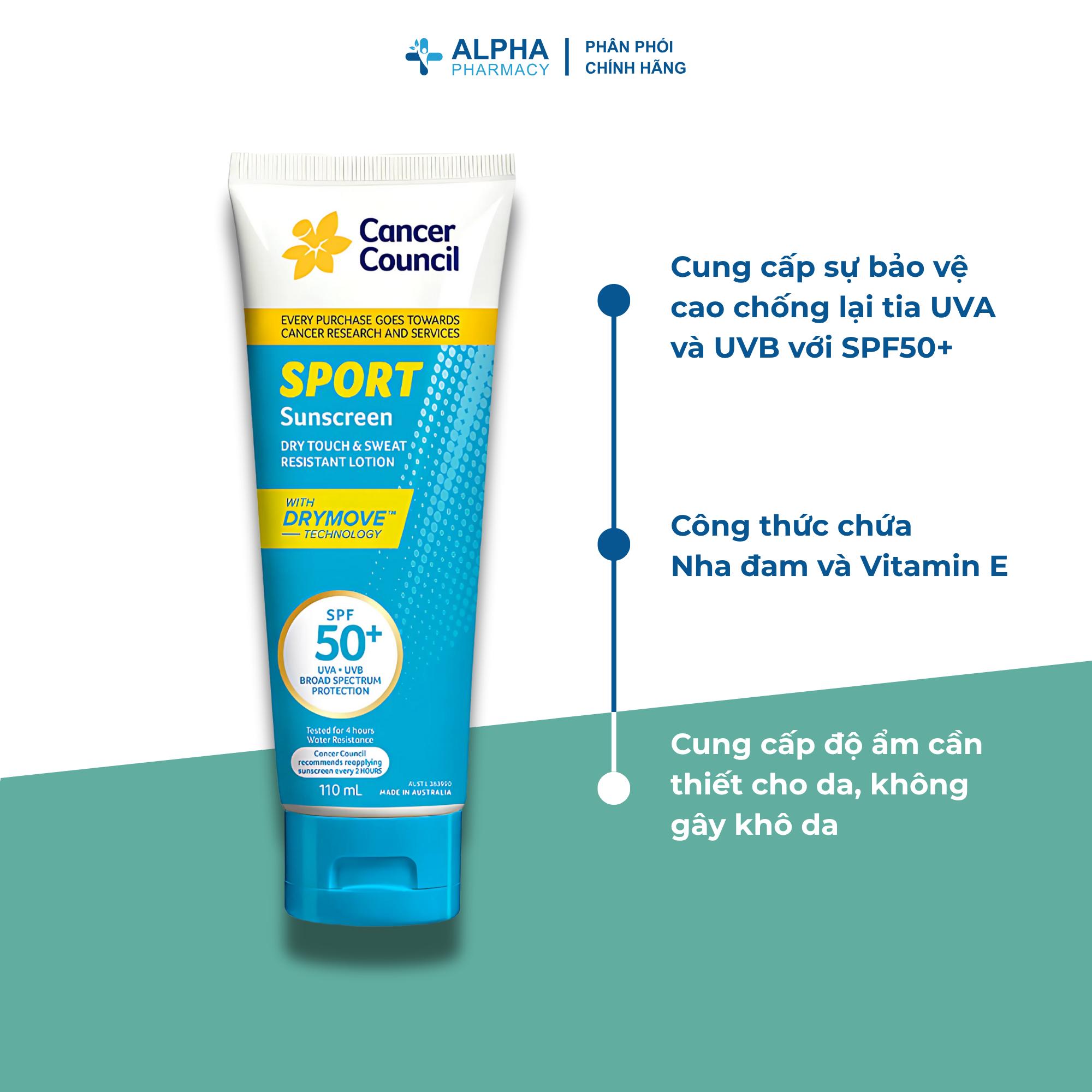 Kem Chống Nắng Cho Hoạt Động Thể Thao Cancer Council Sport Sunscreen Dry Touch & Sweat Resistant Lotion SPF50+ - 110ml - Image 3