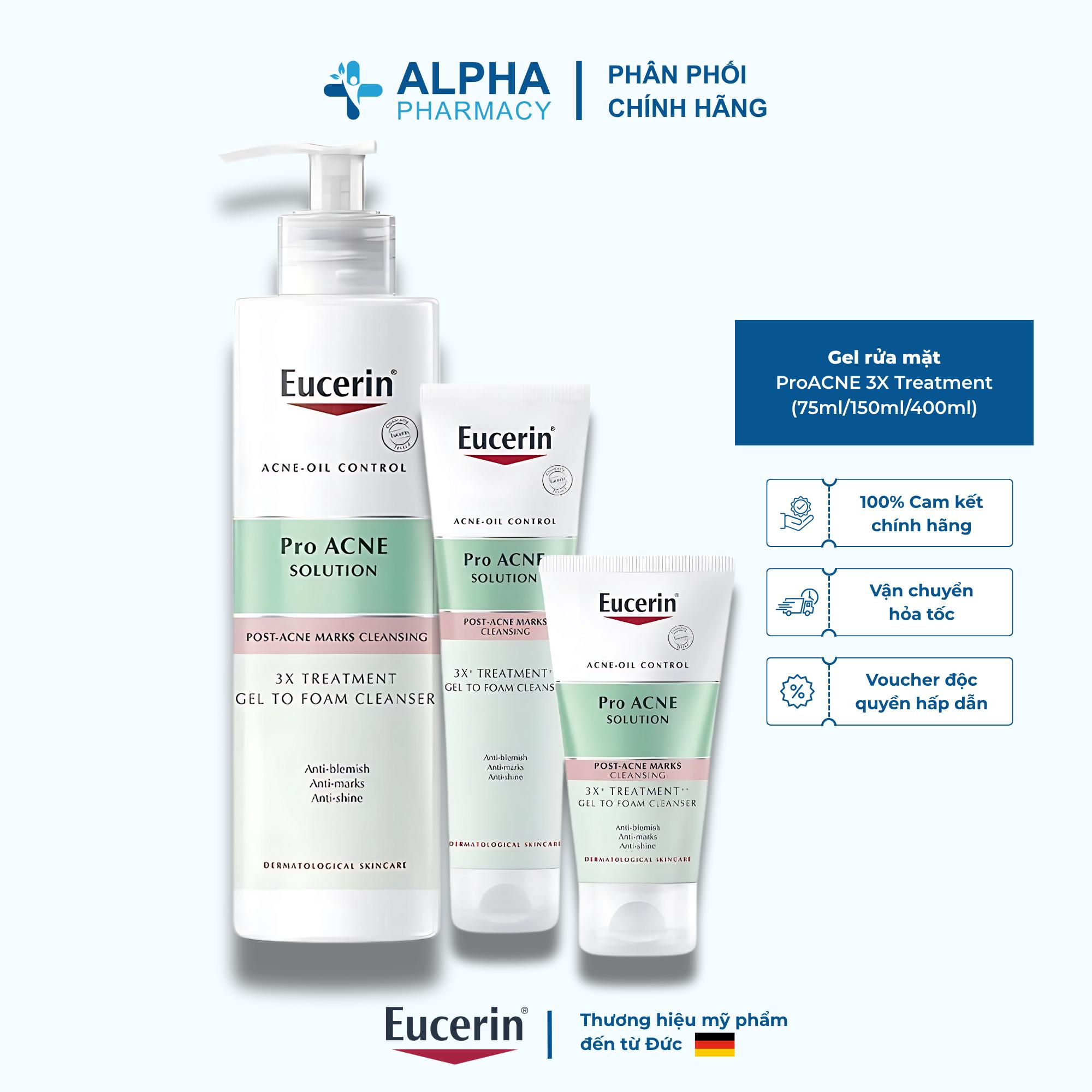 Gel Rửa Mặt Eucerin ProACNE 3X Treatment Gel To Foam Cleanser Làm Sạch Sâu & Giảm Mụn – 75ml/150ml/400ml