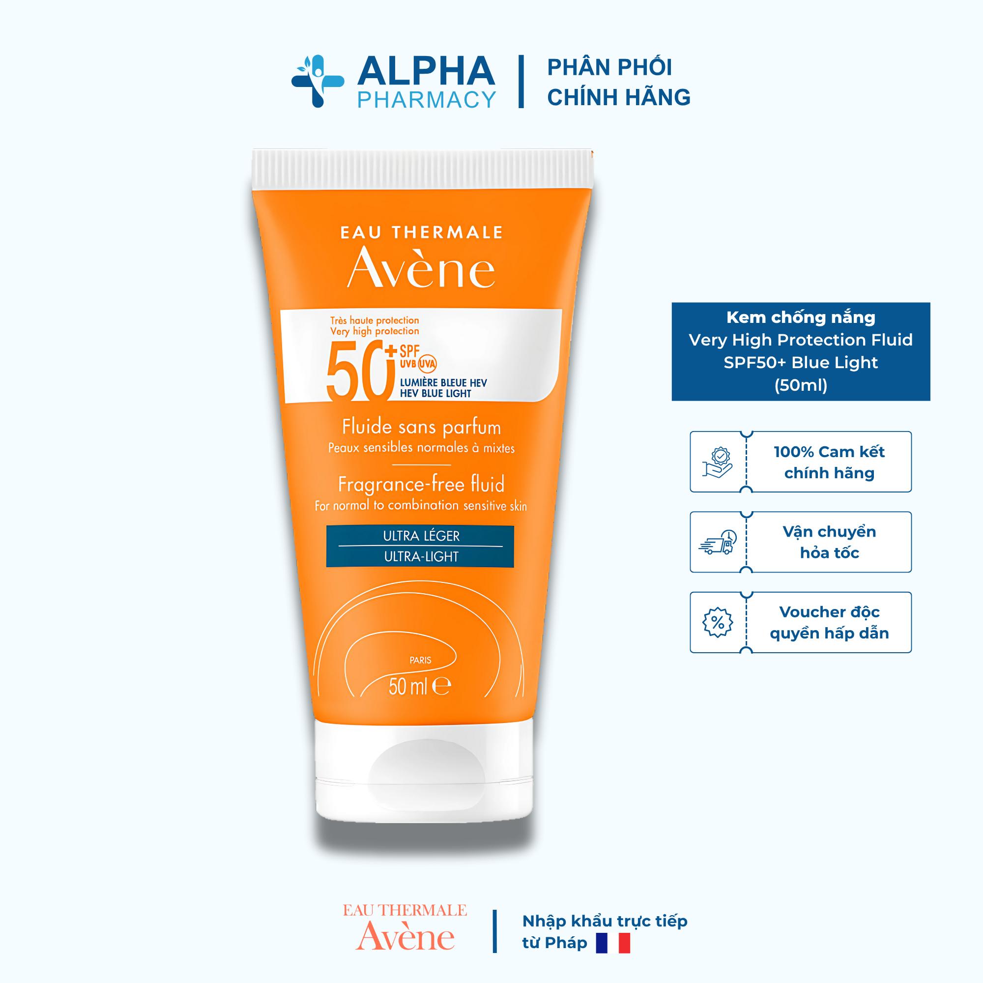 Sữa Chống Nắng Quang Avene Very High Protection Fluid SPF50+ Blue Light Bảo vệ Phổ Rộng Cho Da Thường, Da Hỗ Hợp - 50ml