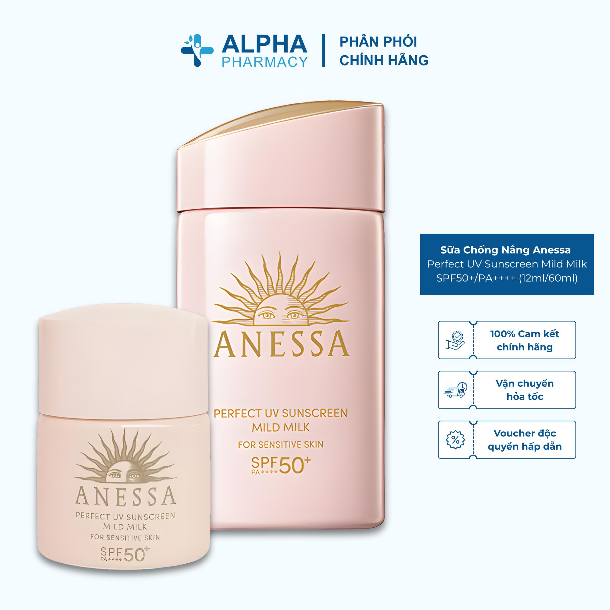 Sữa Chống Nắng Anessa Perfect UV Sunscreen Mild Milk (For Sensitive Skin) SPF50+/PA++++ Cho Da Nhạy Cảm & Trẻ Em - 12ml/60ml (Mới)