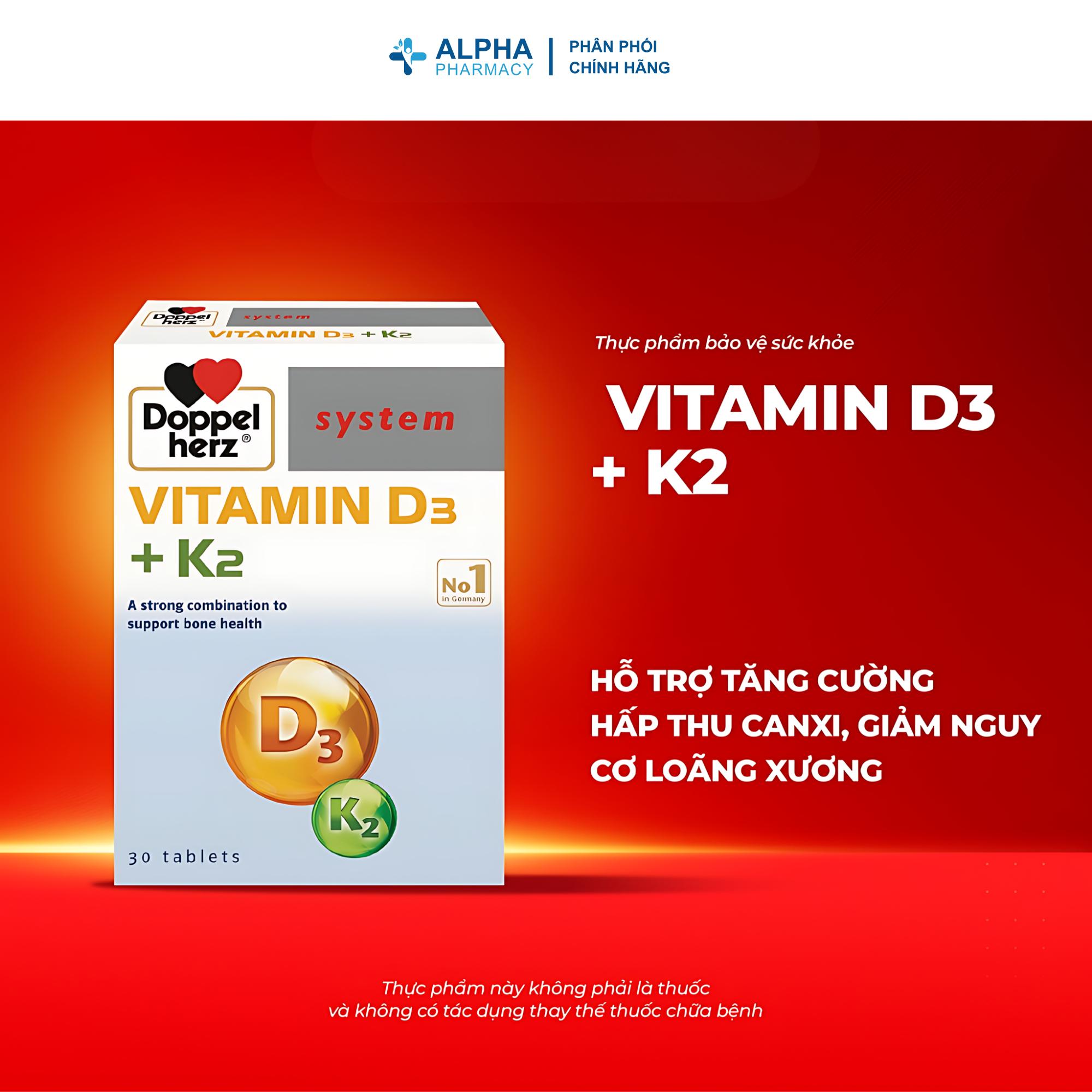 Viên Uống Doppelherz Vitamin D3 + K2 Hỗ Trợ Tăng Cường Hấp Thu Canxi, Giảm Nguy Cơ Loãng Xương – Hộp 30 Viên - Image 2