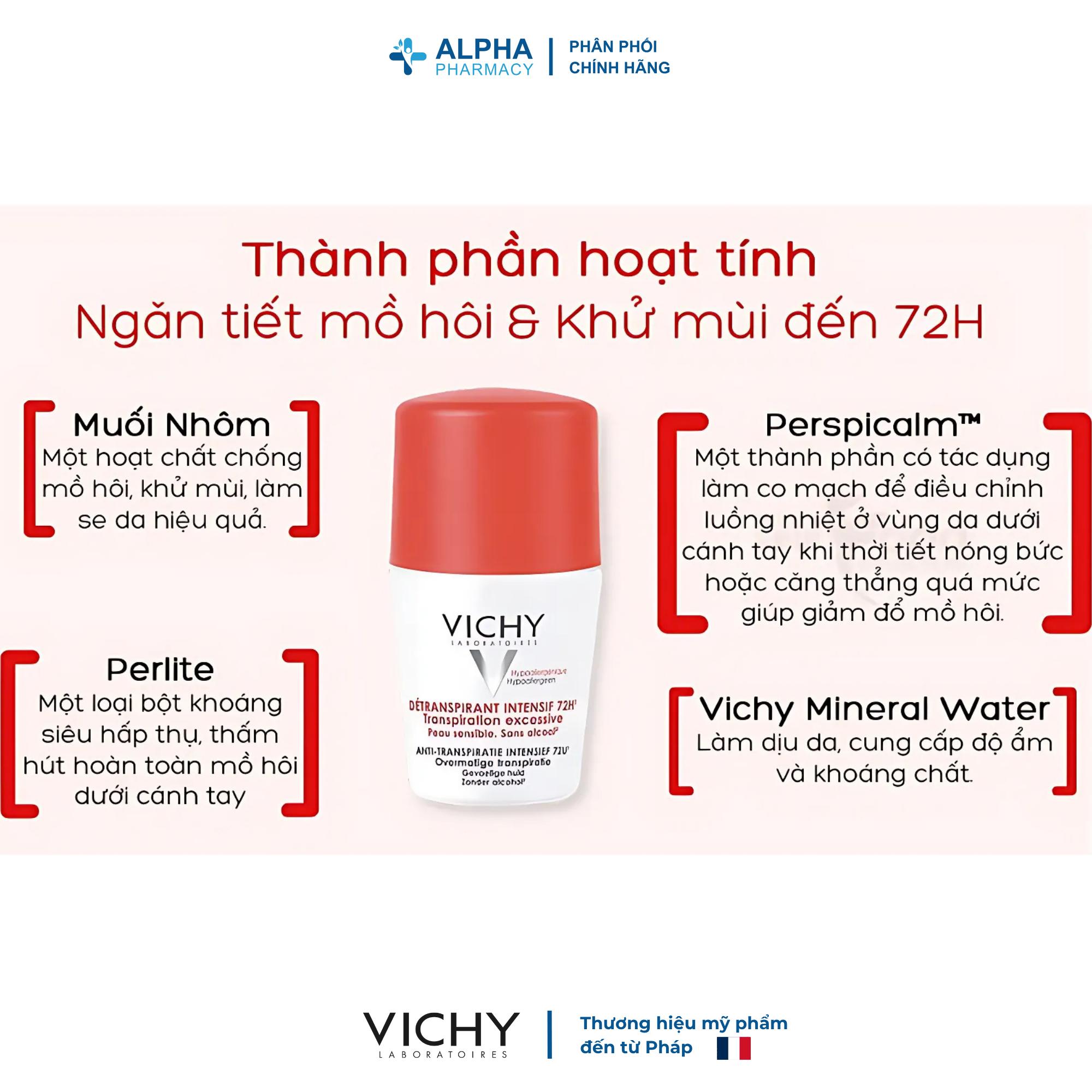 Lăn Khử Mùi Vichy Détranspirant Intensif 72H Transpiration Excessive Giúp Khô Thoáng & Giảm Mùi Vùng Da Dưới Cánh Tay – 50ml - Image 2