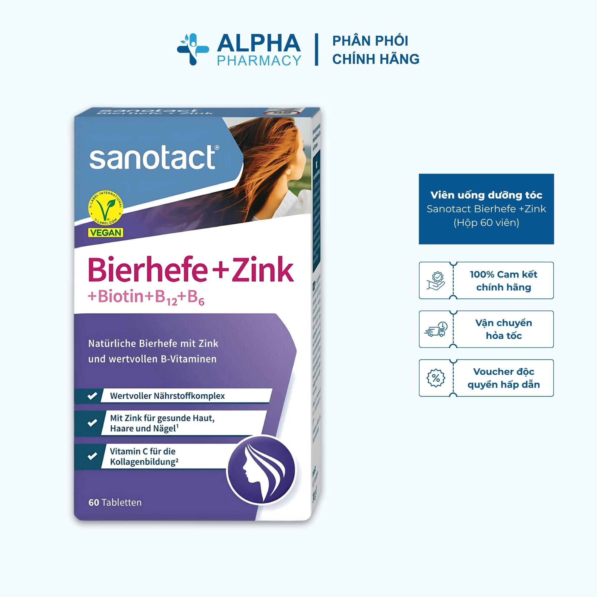 Viên Uống Sanotact Bierhefe + Kẽm + Biotin + Vitamin B12 & B6 Hỗ Trợ Giảm Rụng Tóc, Nuôi Dưỡng Tóc & Da - Hộp 60 Viên