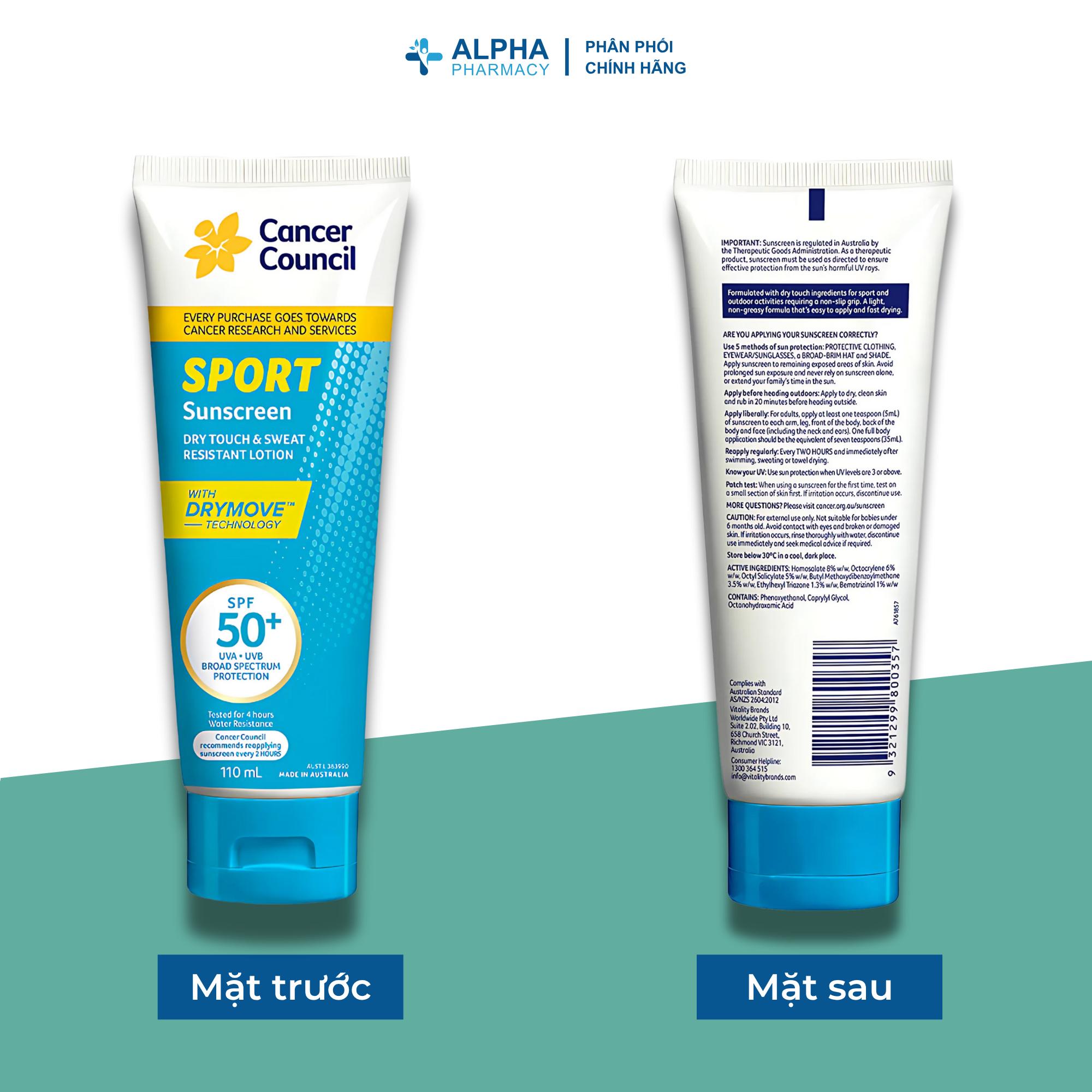 Kem Chống Nắng Cho Hoạt Động Thể Thao Cancer Council Sport Sunscreen Dry Touch & Sweat Resistant Lotion SPF50+ - 110ml - Image 4