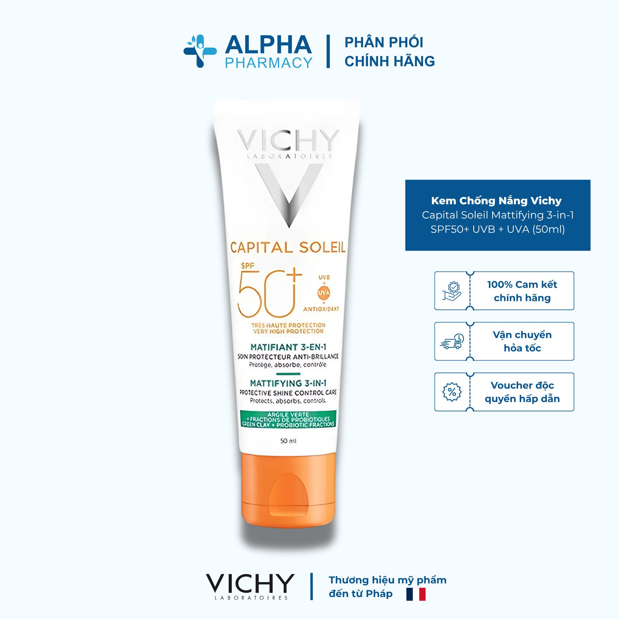 Kem Chống Nắng Vichy Capital Soleil Mattifying 3-in-1 SPF50+ UVB + UVA Chống Ô Nhiễm, Bụi Mịn & Kiềm Dầu – 50ml
