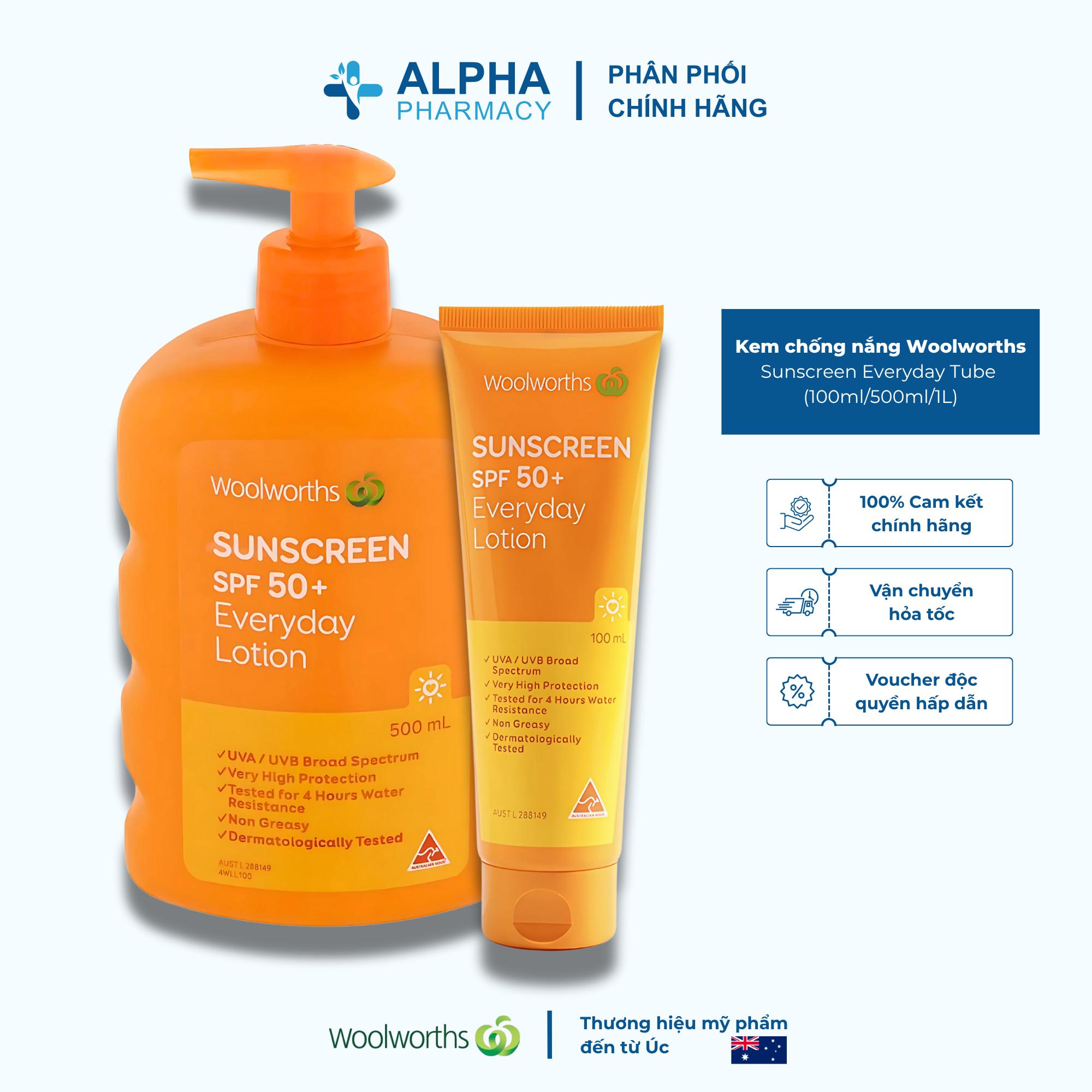 Kem chống nắng Woolworths Sunscreen Everyday Tube Spf 50+ 100ml/500ml/1L